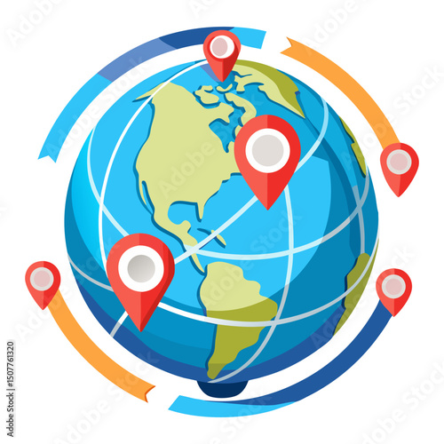 A vibrant blue globe with red location pins indicating global points, surrounded by connecting arrows, symbolizing worldwide connection, global reach, or international travel.