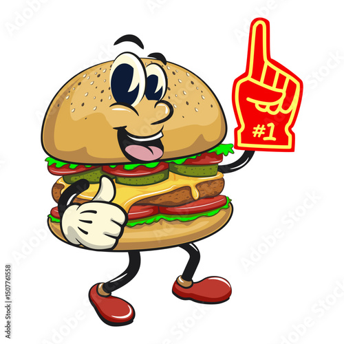 cute burger retro vektor illustration mascot character raise foam finger, work of hand drawn