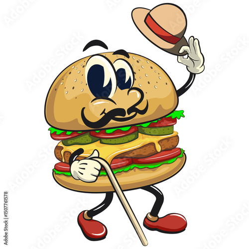 cute burger retro vektor illustration mascot character carrying a stick and saluting with raised hat, work of hand drawn