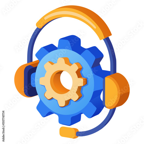 An isometric illustration of a blue gear wheel nestled within orange headphones with a microphone, symbolizing technical support, engineering, or automated assistance.