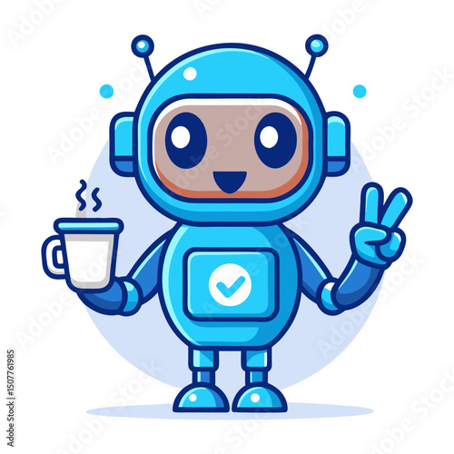 A cute, friendly blue cartoon robot holding a steaming mug and making a peace sign, symbolizing a helpful AI, coffee break, or positive tech interaction.