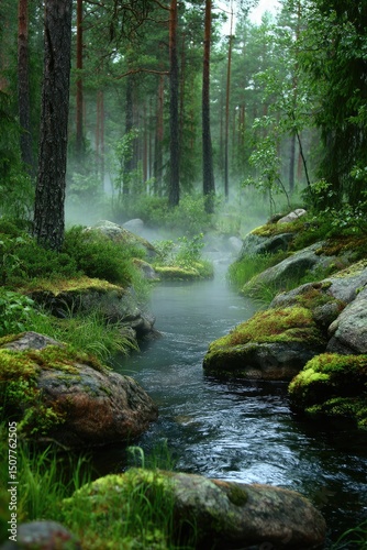 Misty Forest Stream With Lush Green Vegetation