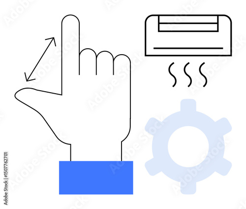 Hand performing swipe gesture next to air conditioning unit, heat waves, and gear icon. Ideal for smart technology, user interface, automation, gesture control, remote systems, HVAC flat simple