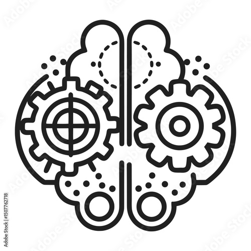 An outlined brain with gears and dotted lines, representing artificial intelligence and cognitive processes.