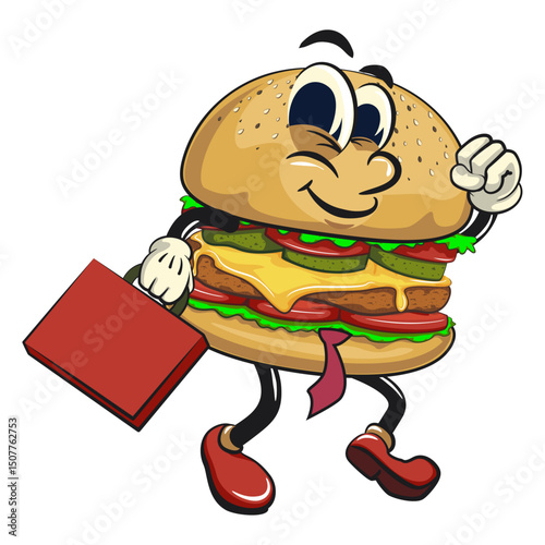 cute burger retro vektor illustration mascot character in a suitcase rushing to the office, work of hand drawn