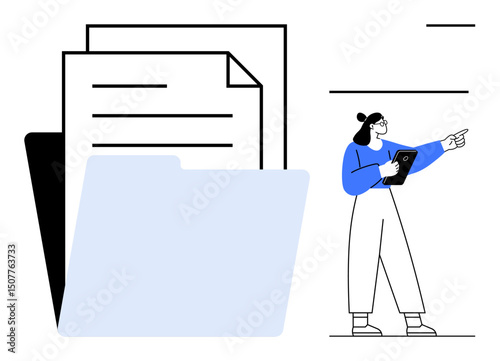 Stacked documents inside folder, woman holding tablet pointing forward. Ideal for teamwork, data management, document organization, workflow improvement, business strategy, education resources