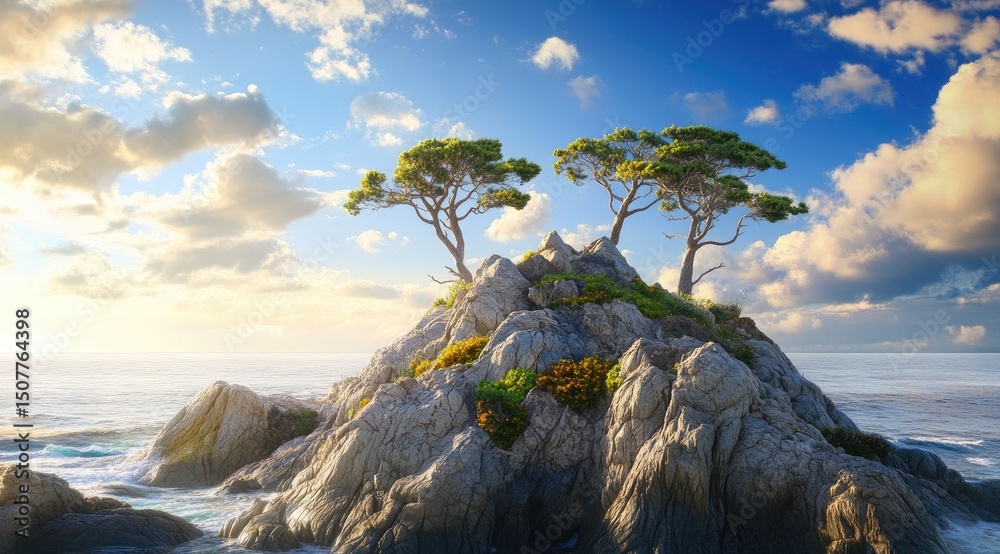 Obraz premium Rocky outcrop with two trees at sunrise over the sea