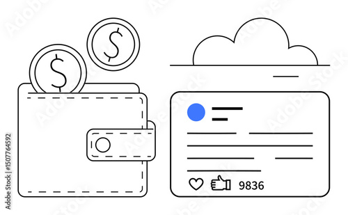 Wallet with coins symbolizing finances next to a social media card with thumbs ups indicating engagement. Ideal for fintech, social media, cloud storage, online security, digital marketing