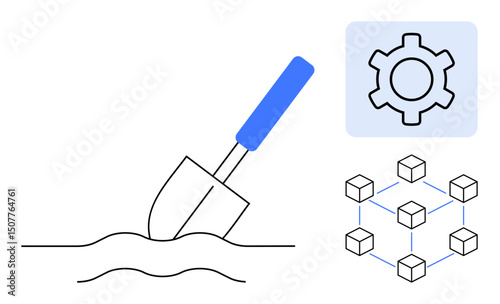 Shovel digging soil, gear symbol for settings, blockchain-thumbs up cube network. Ideal for innovation, construction, digital transformation, technology, agriculture, process optimization simple