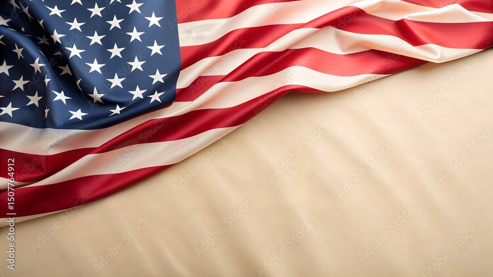 Fototapeta premium Close up of an american flag with stars and stripes on a light beige background