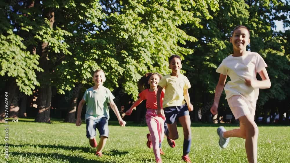 Joyful kids running through sunlit park with green trees for playful outdoor activity concept Joyful kids running through sunlit park with green trees for playful outdoor activity concept