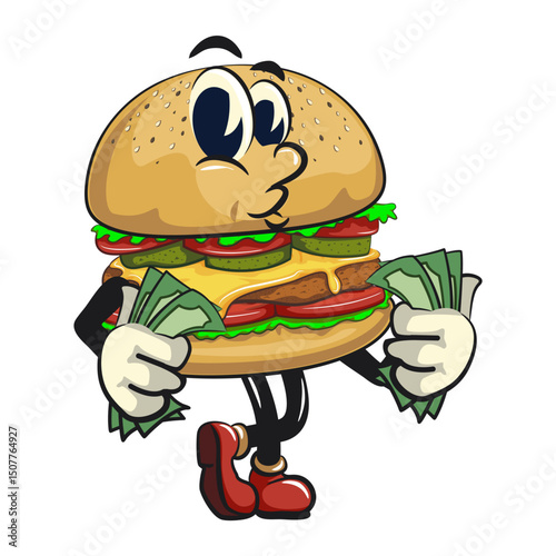 cute burger retro vektor illustration mascot character carrying money while whistling, work of hand drawn
