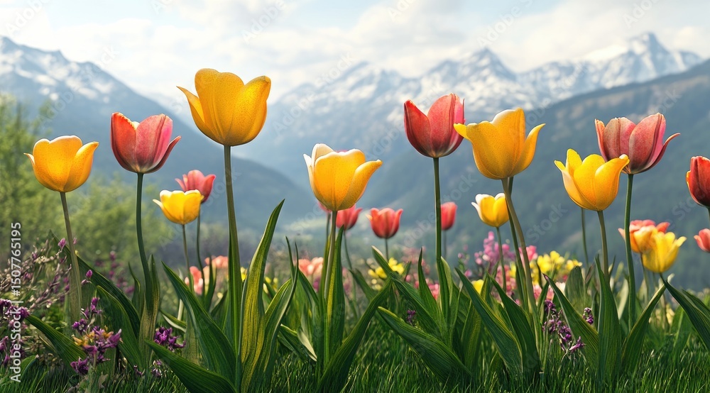 Fototapeta premium Colorful tulips in a mountain meadow