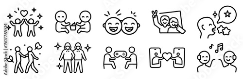 A set of line art icons depicting various human interactions and relationships, including love, friendship, communication, sharing, and celebration.