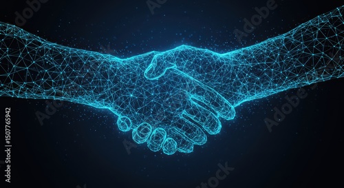 Digital handshake with glowing network connections against a dark background