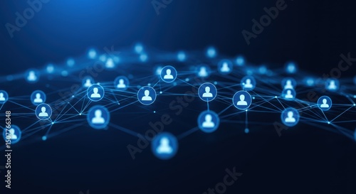 Abstract network of people icons connected by lines on a blue background