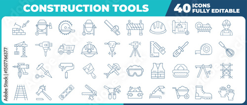 Line art construction tools icon set collection construction equipment vector
