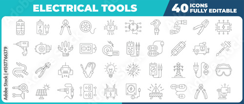 Outline icons set of electrical tools and equipment for electrician