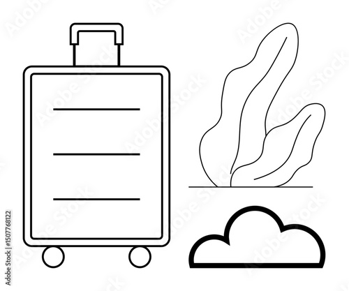 Rolling suitcase with handle beside abstract leafy shape and small cloud. Ideal for travel, vacation, minimalism, journey, adventure, exploration, simple landing page