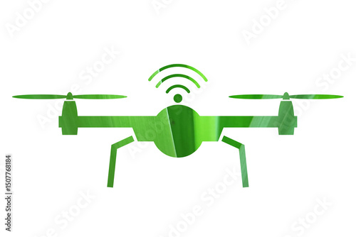 Abstract green drone icon with tropical leaf texture and wireless signal symbol representing eco technology, innovation, and environmental monitoring on transparent background. Esg smart farming