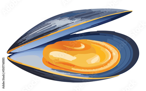 Mussel Shell with Yellow Meat - Vector Illustration