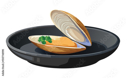 Clam with Parsley on Plate - Vector Illustration