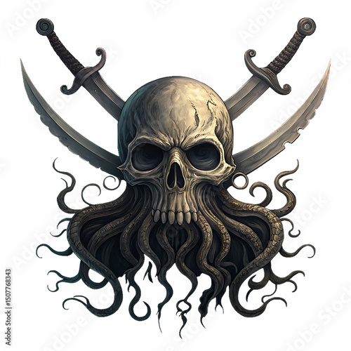 Grim kraken skull with crossed swords ai generated png isolated on a white background