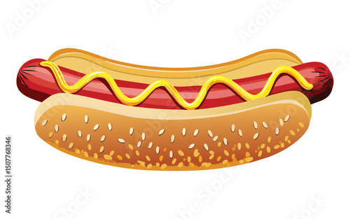 Savory hot dog in bun with yellow sauce - vector illustration