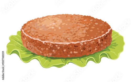 Cooked burger patty on fresh green lettuce - Vector Illustration