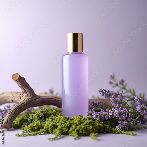 Lavender bottle product skincare beauty cosmetic natural gold moss wood purple background