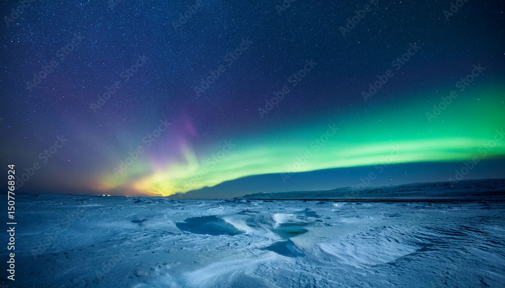 Fototapeta premium low angle shot of glowing auroras stretching across the sky above a frozen tundra under a star filled night cinematic surreal majesty