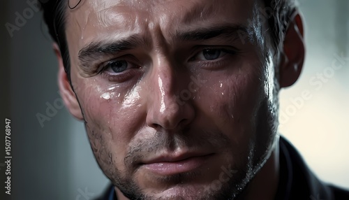 Intense emotional scene close-up portrait human expression dramatic lighting inner turmoil deep reflection
