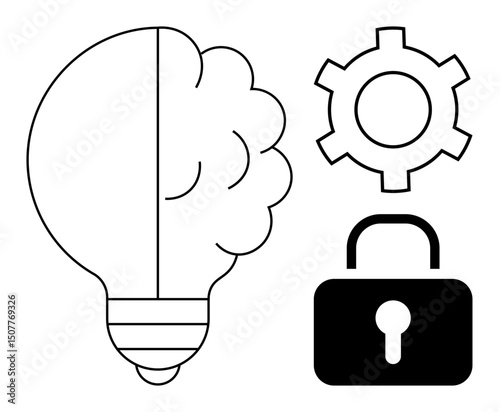 Brain integrated into lightbulb, gear, and lock symbolizing innovation, problem-solving, creativity, technology, security, intellectual property, and knowledge for a simple landing page