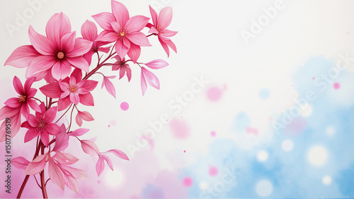 3D pink flowers blooming on a soft blue background with scattered petals. Minimal and elegant design, perfect for spring themes, backgrounds, and romantic visuals.