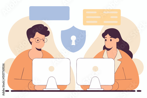 Two individuals, a man and a woman, are depicted sitting at separate computers with a shield icon featuring a keyhole between them, symbolizing online security or privacy.