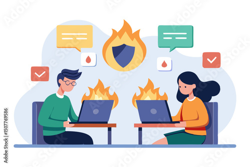 Two individuals are depicted working on laptops, with flames emanating from their devices and a burning shield icon symbolizing a security breach or urgent issue, while chat bubbles and checkmarks
