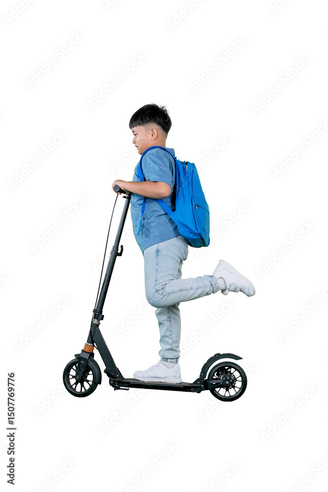 Schoolboy Posing on Scooter with One Leg Up and Blue Backpack