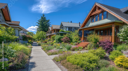 Beautiful residential street with colorful gardens and houses