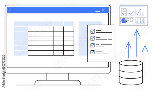 Computer screen displaying spreadsheet alongside task checklist, database icon, data analytics graph. Ideal for data management, analysis, organization, productivity, business, technology simple