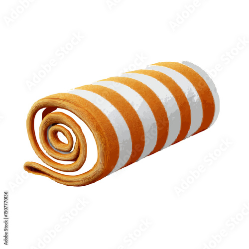A rolled up towel with orange and white stripes showing a spiral at the end on a white background view