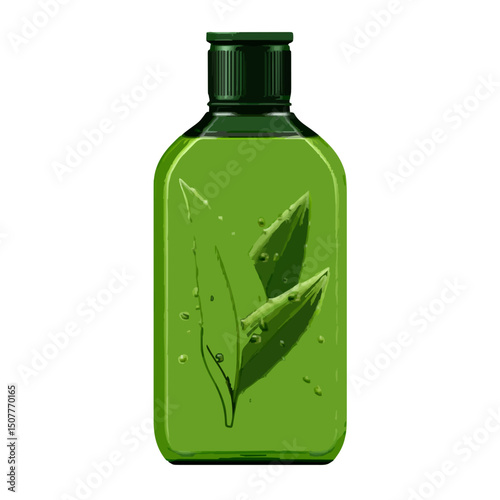 Green liquid in a bottle with leaves inside representing natural beauty and organic wellness product concept