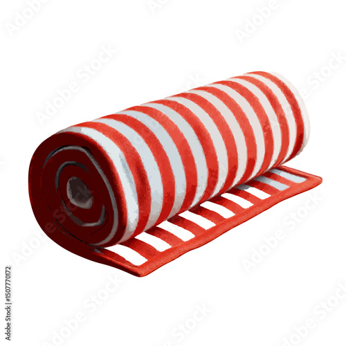 A partially unrolled beach mat with red and white stripes is seen against a white background here today