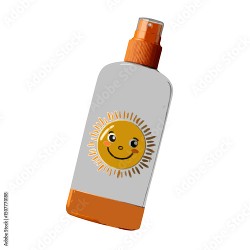 Illustration of a sunscreen bottle with a smiling sun design and an orange cap and base on a white background