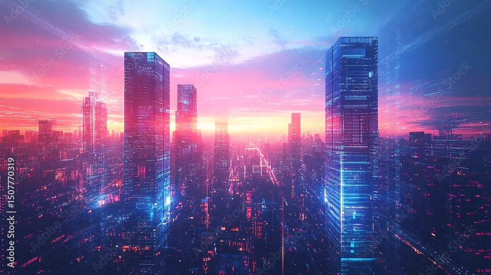 Fototapeta premium Futuristic cityscape at sunrise with glowing skyscrapers.