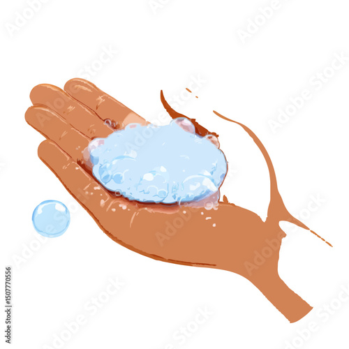 Illustration of an open hand holding a light blue bubbly substance with a single bubble floating nearby