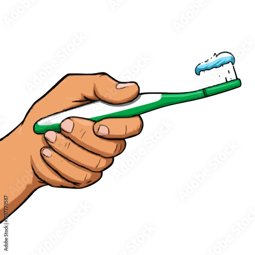 Hand holding a green and white toothbrush with toothpaste on the bristles against a white background scene