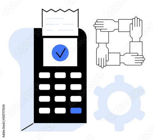 POS terminal with printed receipt and approval mark, team collaboration symbol of hands, and gear for process efficiency. Ideal for teamwork, payment processing, technology, business growth