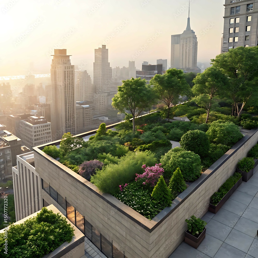 Fototapeta premium Lush rooftop garden on urban building at sunrise with vibrant green plants blending sustainable living and modern city life for eco-friendly architecture and green cityscape concepts