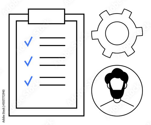 Clipboard with checklist, user profile icon, and gear symbolizing task management, productivity, and workflow. Ideal for project planning, organization, teamwork, business strategy personal