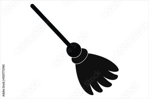 Broom magic. A vehicle for the witch. Element of witchcraft. Symbol of magic. Tattoo broomstick or print for Halloween or all saints ' day. Vector art, silhouette, illustration,  cartoon on white back